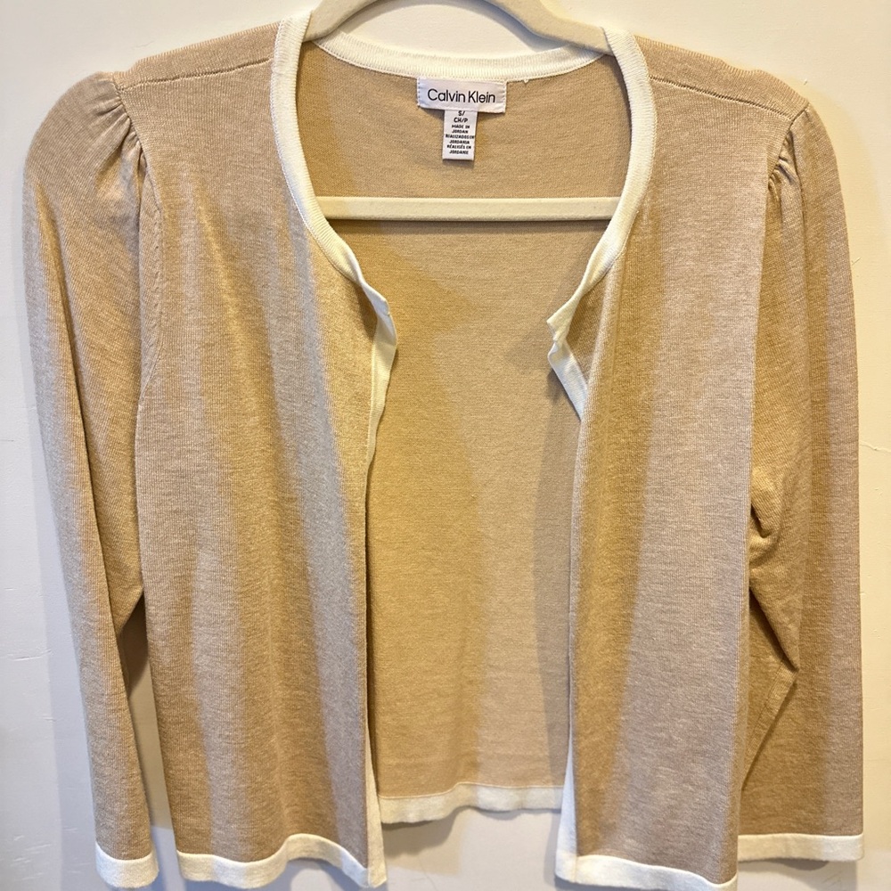 Calvin Klein Beige and White Open Cardigan